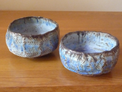 2 Blue-Green Faceted Japanese Tea Bowls