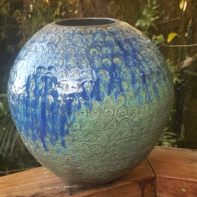 Blue-Green Stamped Orb Vase